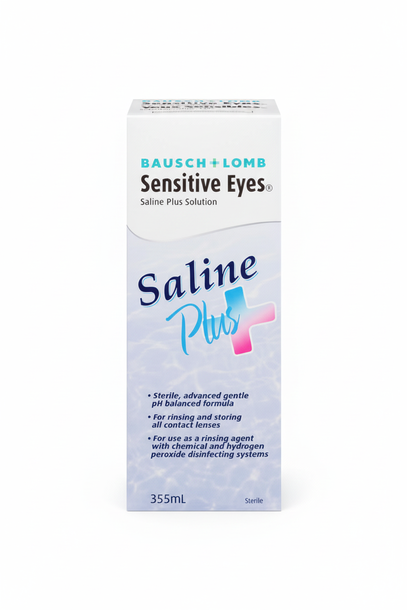 Bausch & Lomb Sensitive Eyes Saline Plus Solution packaging on a white background