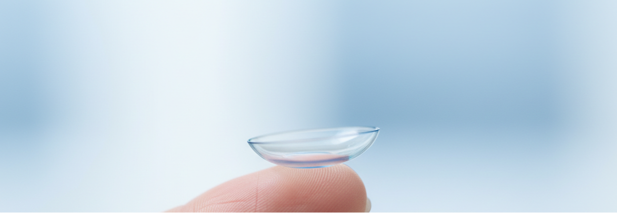 Contact lens held between fingers against a blurred background